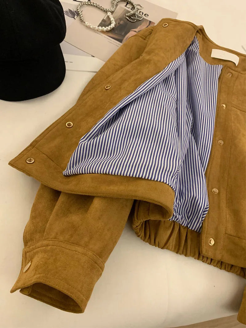 Suede Short Jacket Women Korean Camel Fashion Long Sleeve Flight Suit Harajuku Single Breasted Loose Tops Female Vintage Coats
