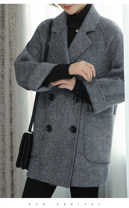 New Elegant Women Mid-length Woolen Coats Office Lady Autumn Winter Korean Loose Warm Thick Wool Blend Jackets Female Outerwear