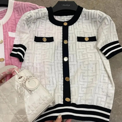 Ice Silk Knitted Sweater Cardigan Women's 2025 Summer New Short-sleeved Hollow Out Korean Style Office Lady Chic Top