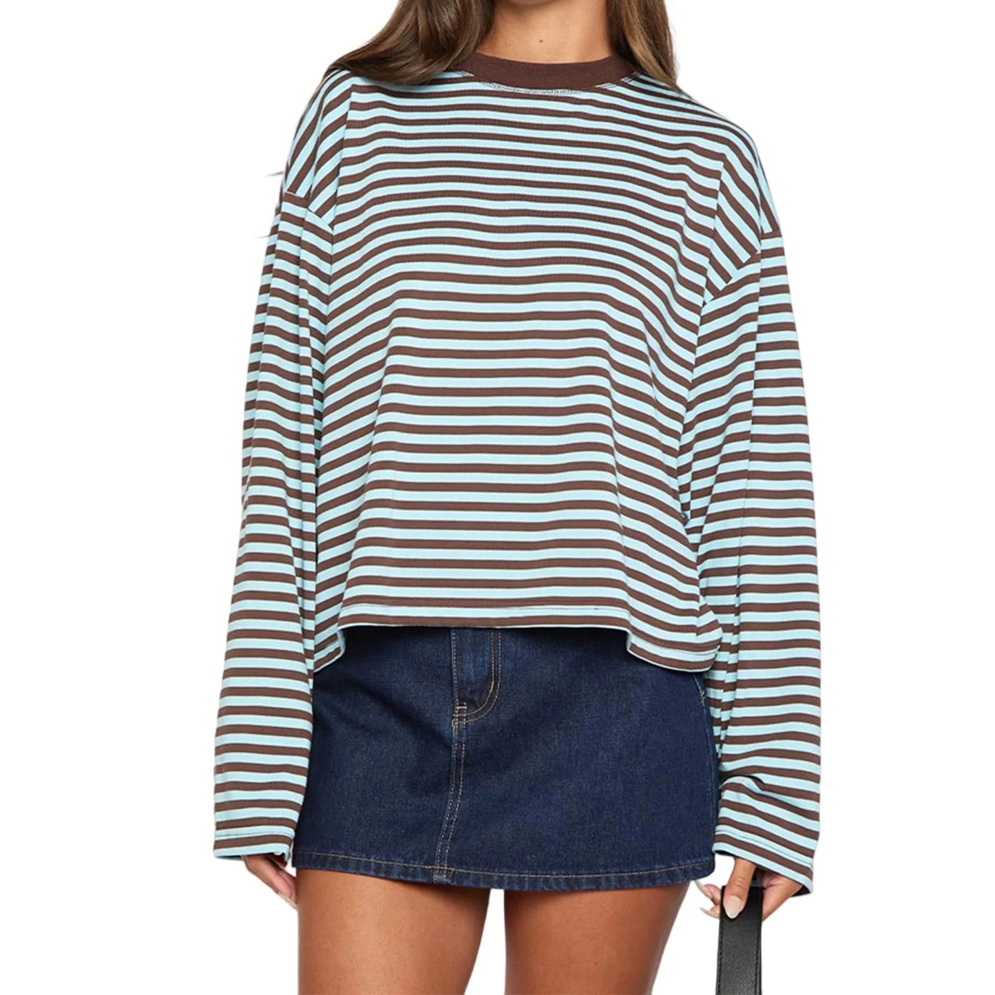 2025 Women Retro T-shirt Long Sleeve Crew Neck Loose Ladies Fall Casual Striped Top Streetwear