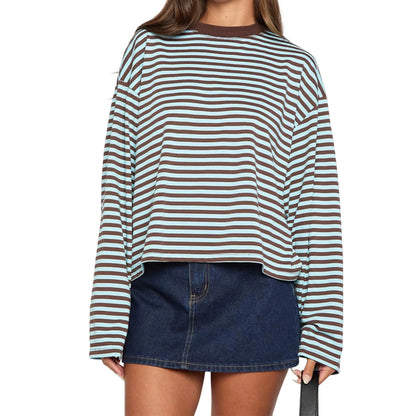 2025 Women Retro T-shirt Long Sleeve Crew Neck Loose Ladies Fall Casual Striped Top Streetwear