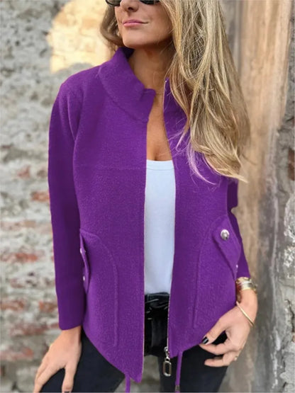 New Casual Zipper Cardigan Wool Jacket For Women's 2025 New Fashion Stand Collar Tether Pocket Loose Versatile Female Wool Coat
