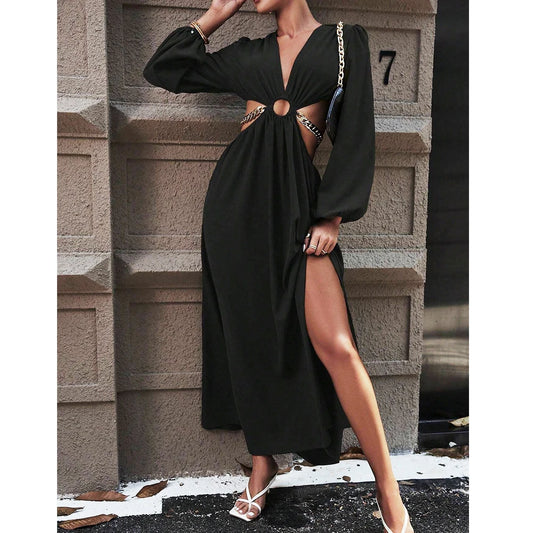 Mia Muse Women's  Dresses Autumn Sexy Loin Hollowing Long Sleeve V-Neck A-Line Maxi Party Dresses