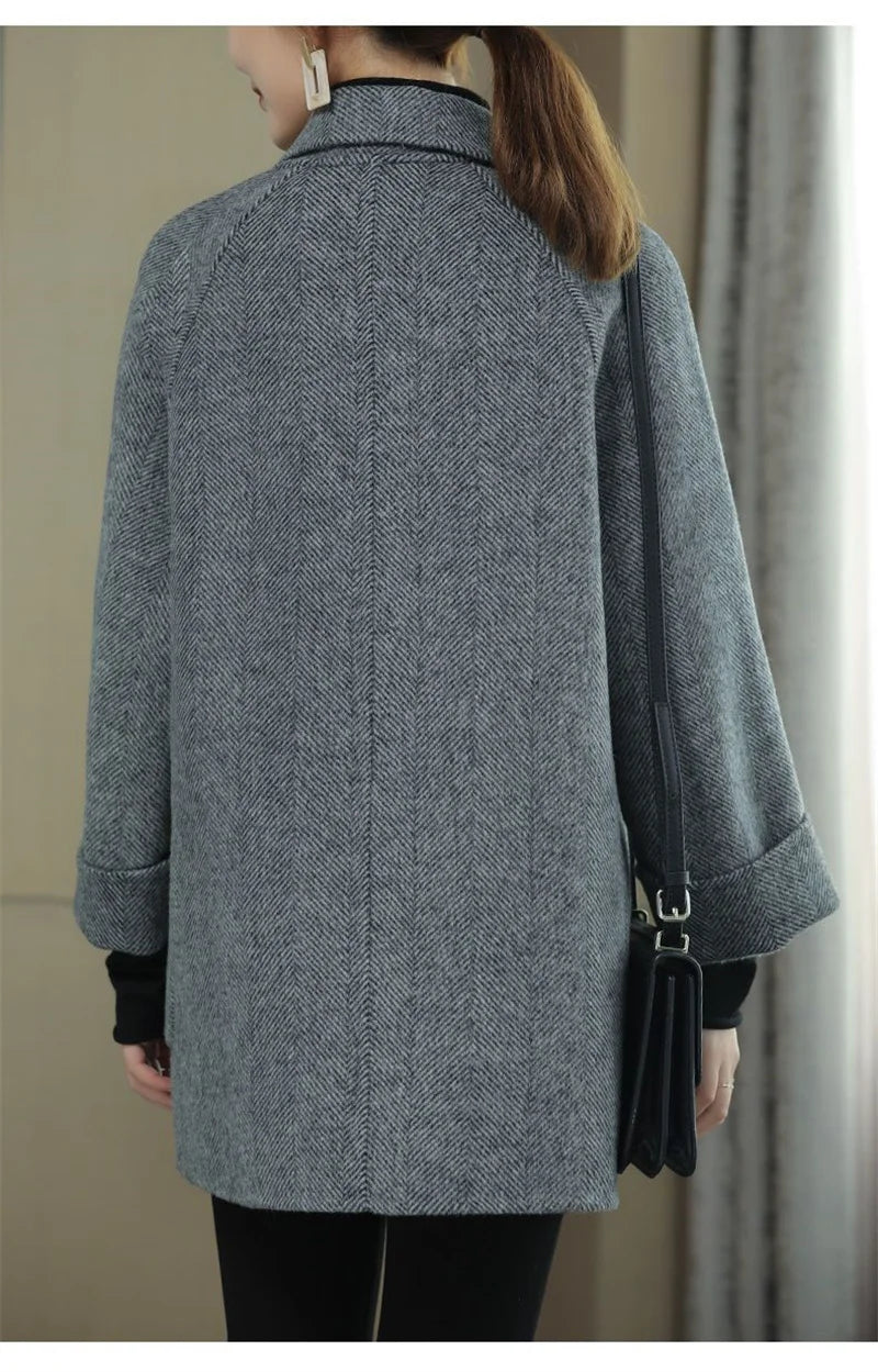New Elegant Women Mid-length Woolen Coats Office Lady Autumn Winter Korean Loose Warm Thick Wool Blend Jackets Female Outerwear