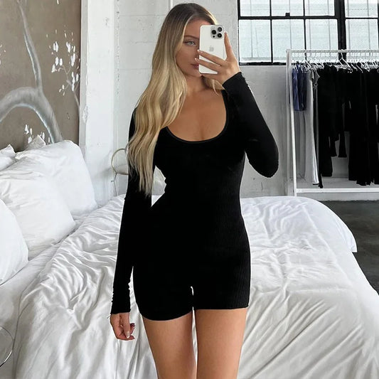 Sports Fitness Black Playsuits Women Autumn New Fashion Skinny Long Sleeves Solid Rompers Bodycon Casual Streetwear Sexy Overall