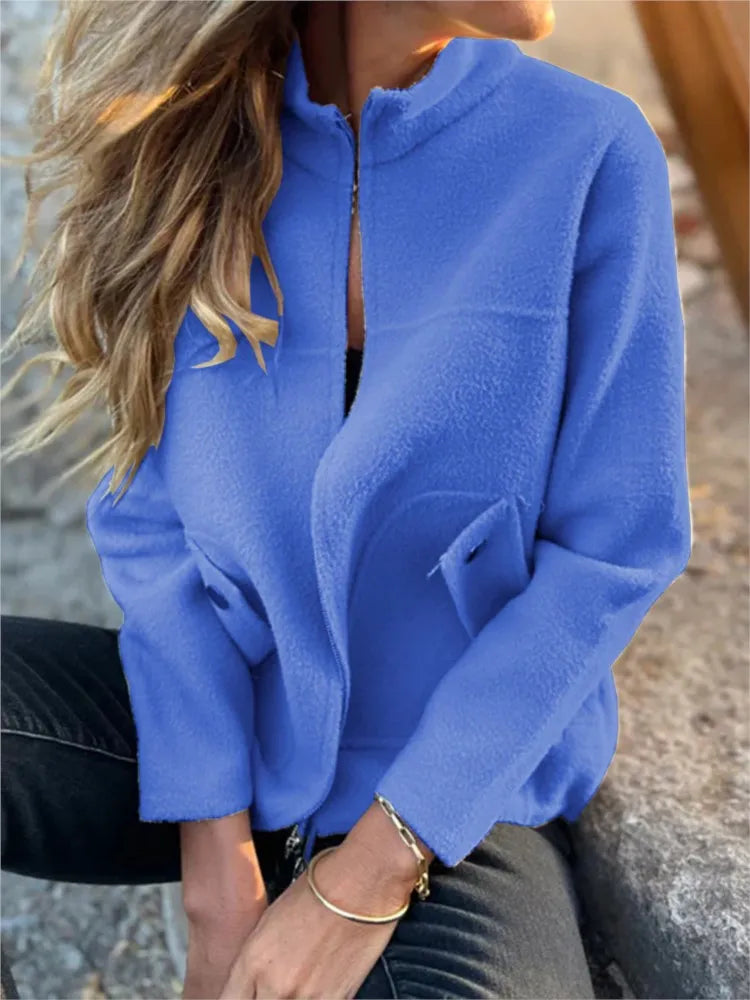 New Casual Zipper Cardigan Wool Jacket For Women's 2025 New Fashion Stand Collar Tether Pocket Loose Versatile Female Wool Coat