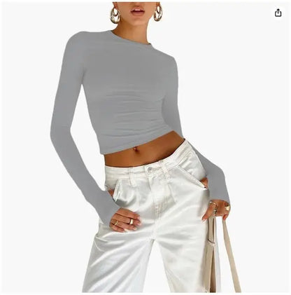 Fashion Women T-shirt Long Sleeve Crew Neck Solid Slim Fit Ladies Crop Top with Thumb Holes for Daily Streetwear Summer Camis
