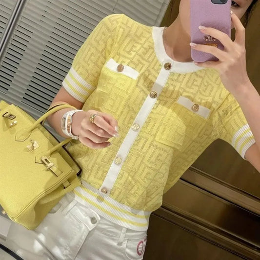 Ice Silk Knitted Sweater Cardigan Women's 2025 Summer New Short-sleeved Hollow Out Korean Style Office Lady Chic Top
