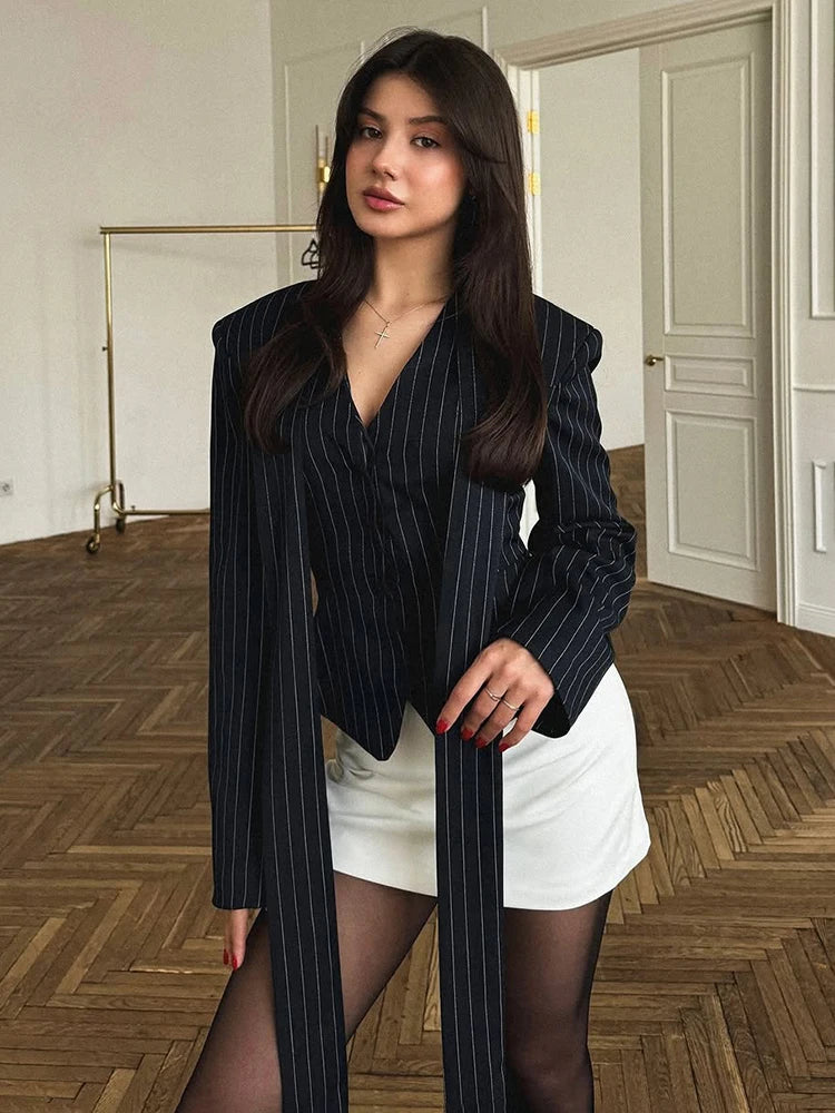 TARUXY Striped Print V-neck Ribbon Suit Coat For Women Long Sleeve Buttons Office Lady Top Elegant Female New Blazer Outwear