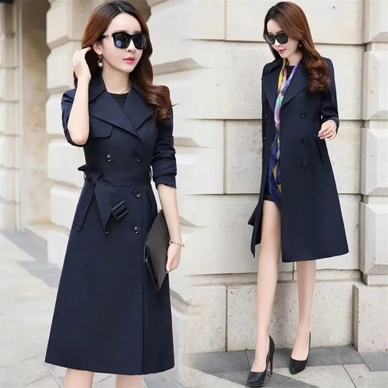 Windbreaker Women's Long British 2023 Spring And Autumn New Coat Korean Double Breasted Ladies Knee-High Coat Lace-Up Trench