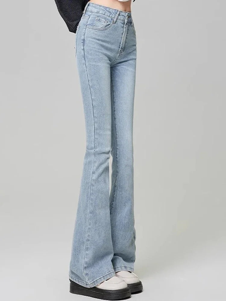 Women Vintage High Street Bell Bottom Jeans Lady Sexy Slim Fit Denim Flare Pants Deep Blue Light Blue Black Blue Gray Trousers