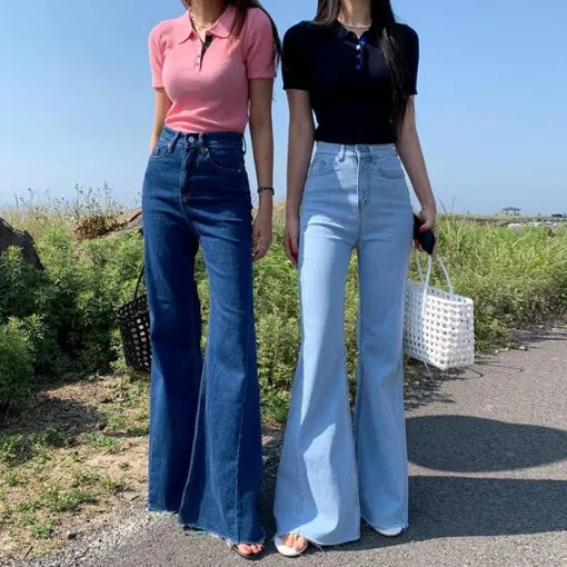 High Waist Bell Bot Jeans Women's Slim Fit Versatile Long Pants Summer Chic Vintage Denim Blue High Waist Long Leggings
