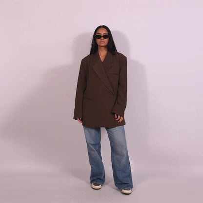 Fashion Lapel Suit Jacket Women Casual Loose Short Sleeve Office Lady Coat 2025 New Chic Autumn Single Button Oversize Jacket