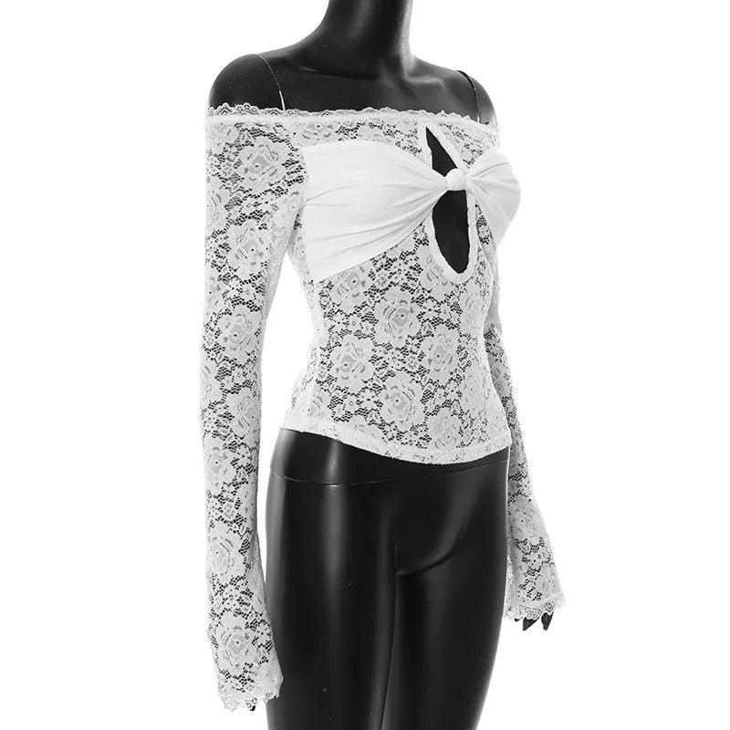 Lace-Trimmed Autumn Women's T-Shirt Off-Shoulder Hollow Out Contrast Panels Crop Top For Female Sexy Cropped Lady's Clothing