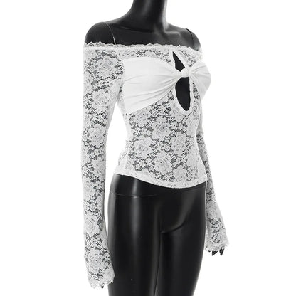 Lace-Trimmed Autumn Women's T-Shirt Off-Shoulder Hollow Out Contrast Panels Crop Top For Female Sexy Cropped Lady's Clothing
