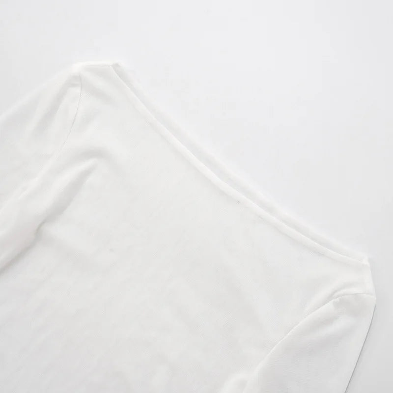 Female's Autumn T-Shirt Sheer Mesh Off-Shoulder Curved Hem Pullover Long Sleeve Women's Top Comfortable Clothing For Lady