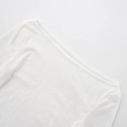 Female's Autumn T-Shirt Sheer Mesh Off-Shoulder Curved Hem Pullover Long Sleeve Women's Top Comfortable Clothing For Lady