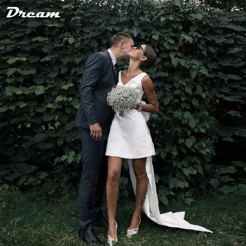 DREAM Customized Short Mini Satin V Neck Bridal Gown Large Bow Open Back Sleeveless Above Knee Length Wedding Party Dress 2025