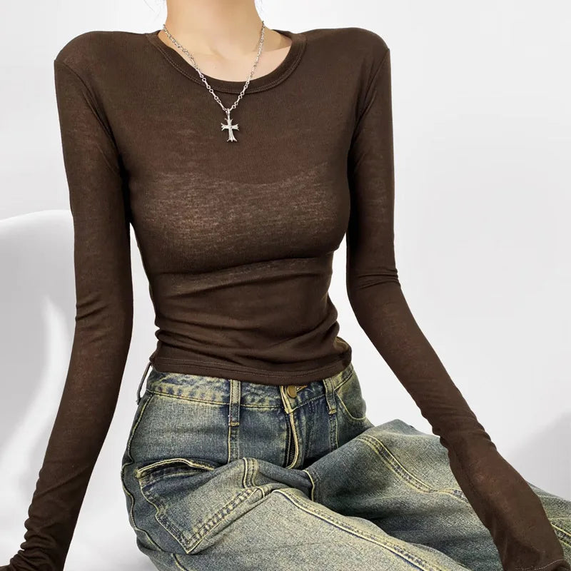 Women Crew Neck Fitted Long Sleeve Semi Sheer T-shirt