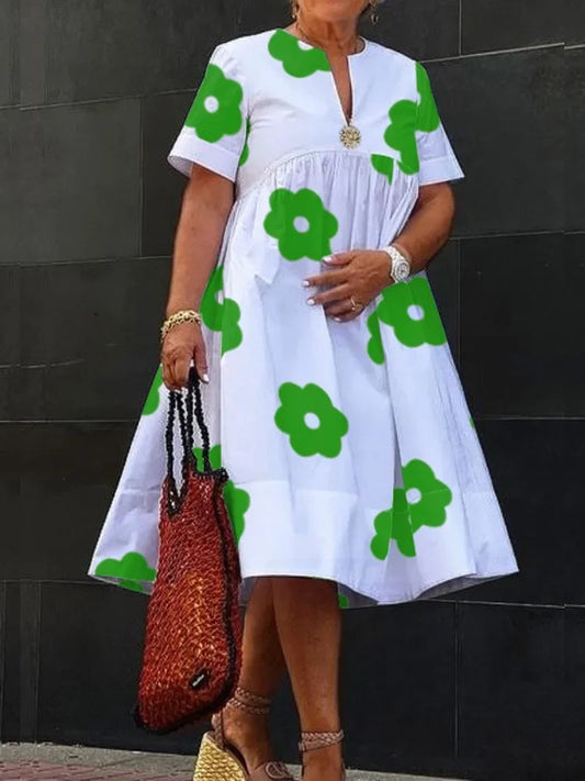 UOOZEE 2025 Summer Elegant Floral Printed Pleated A-line Dress For Women V-Neck Short Sleeves Loose British Style Midi Dresses